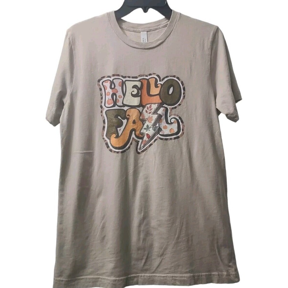 Bella+Canvas Hello Fall Graphic T-Shirt Short Sleeve Casual Top‎ Beige M